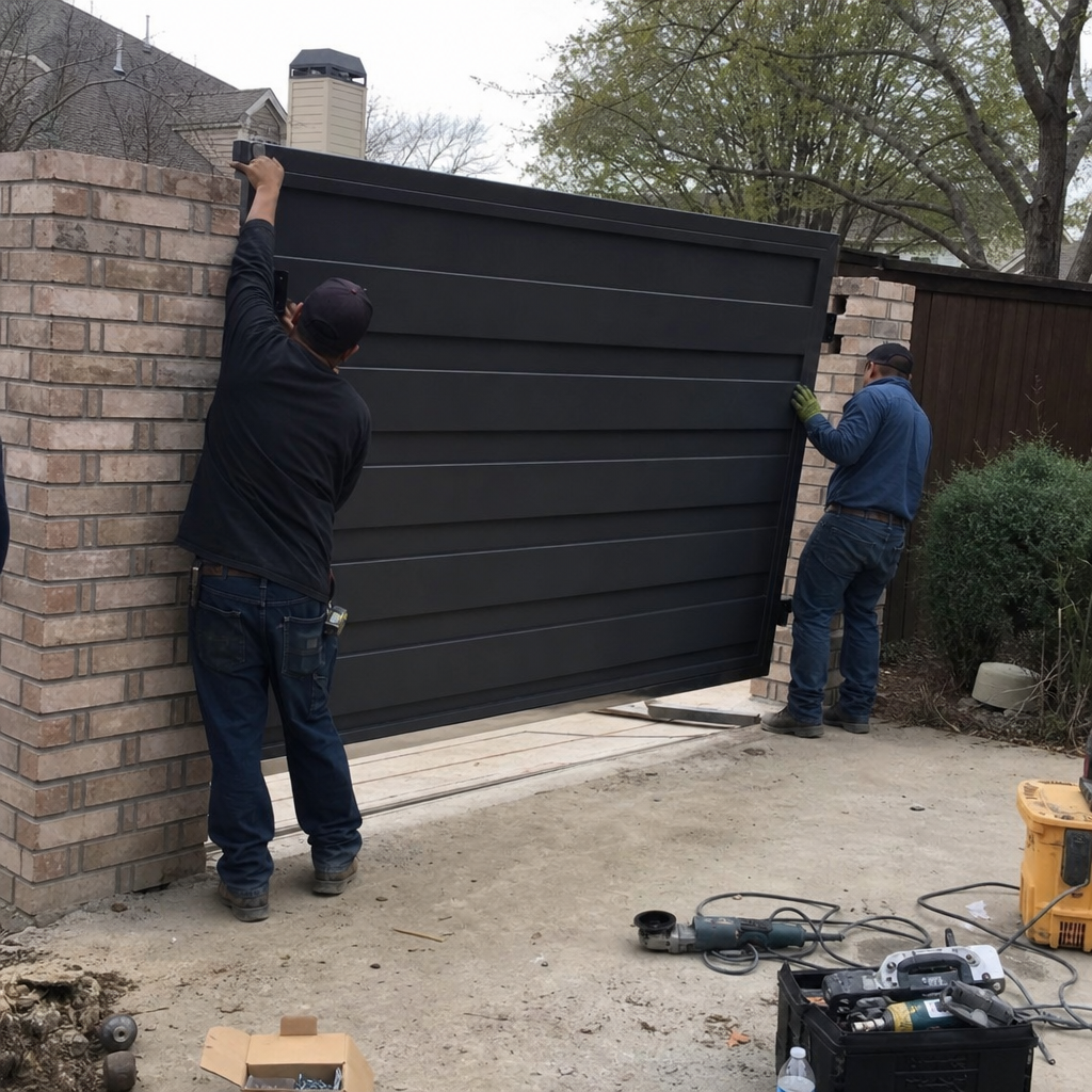 Gate installation professionals installing a large black metal gate