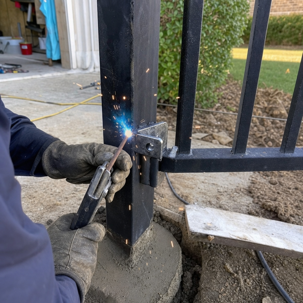 Professional gate installation with sparks from welding.