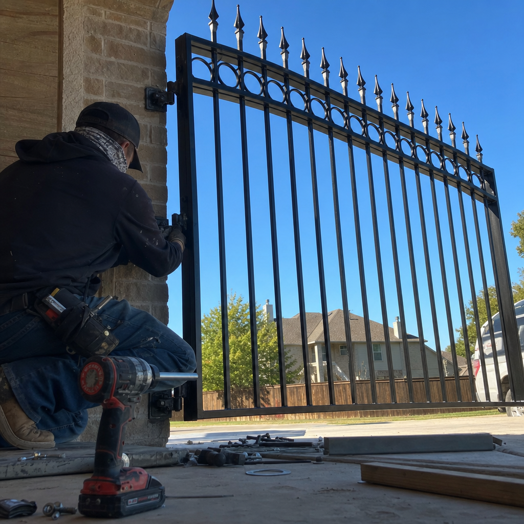 Gate installation, worker installing black metal gate with finials