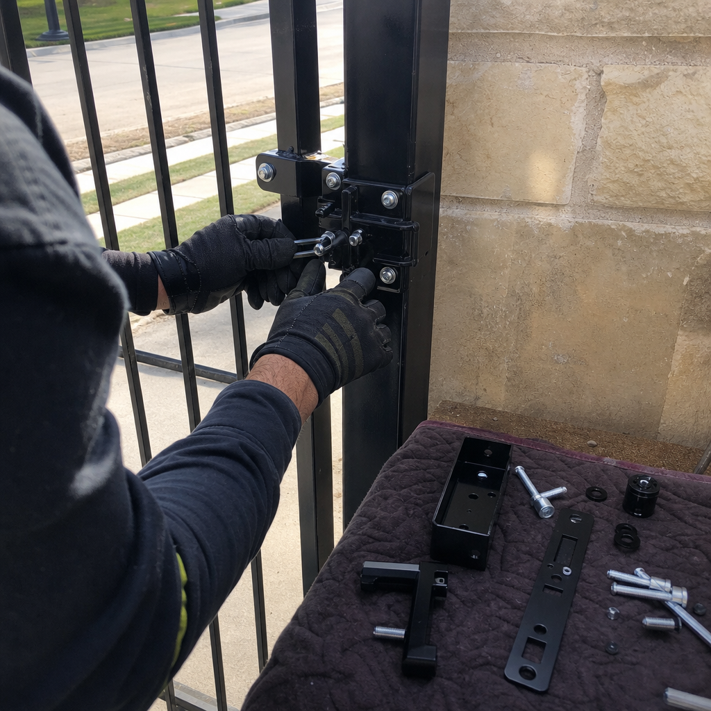 Gate repair professional installing lock on metal gate with tools nearby.