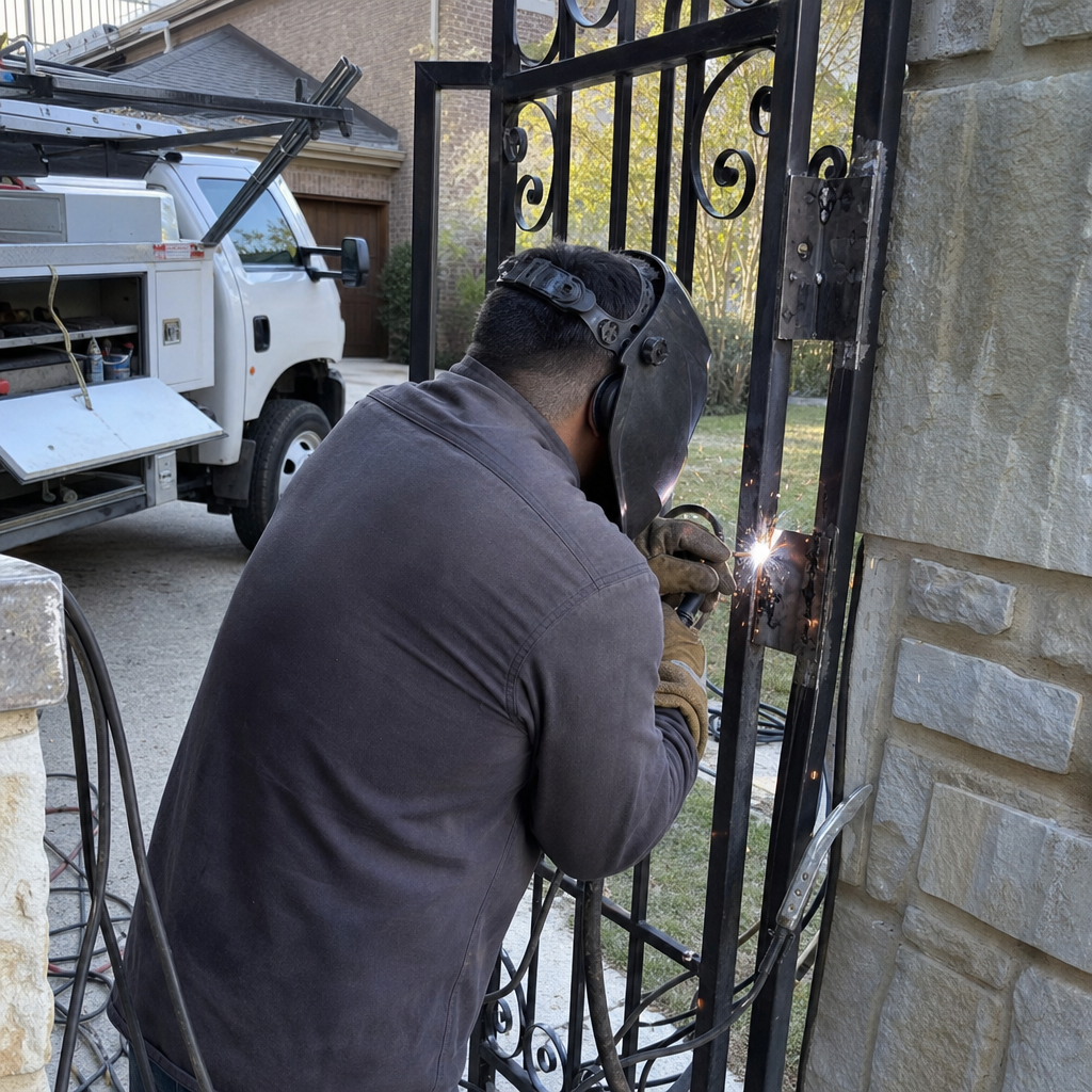 Welder repairing ornate iron gate attached to stone pillar.