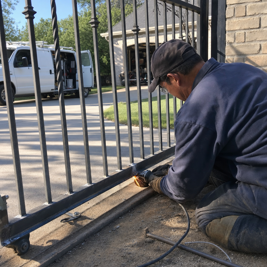 Gate repair professional grinding metal on a black iron gate bottom rail